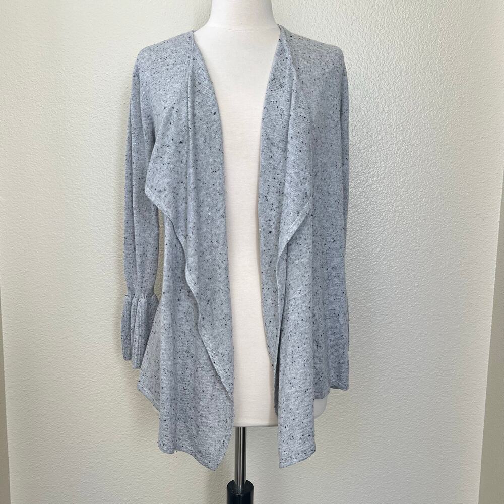 Style & Co speckled gray open sweater cardigan bell sleeve cuffs